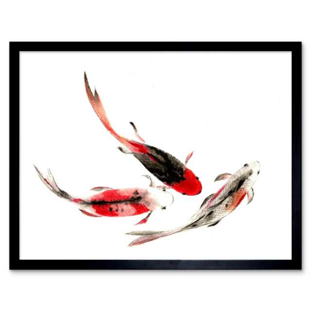 "Japanese Koi Carp Fish Black And Red 12x16"" Framed Wall Art Print"