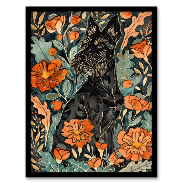 Stylised Scottish Terrier Dog with Peony Flowers Black Framed Wall Art Print A4
