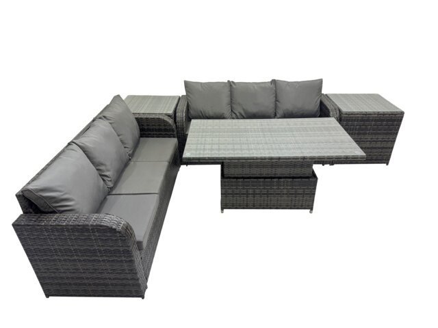 Fimous Rattan Garden Furniture Dining Set 6-seater Patio Height Adjustable Rising Lifting Table Sofa Set with 2 Side Table Dark Grey Mixed