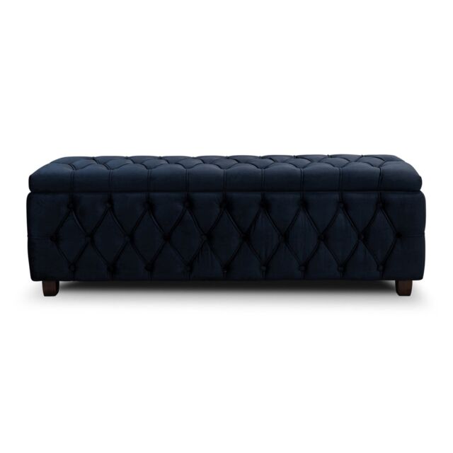 180cm Riga Ottoman Storage Box with Wooden Legs, Black Velvet Upholstered Chesterfield Storage Ottoman Box