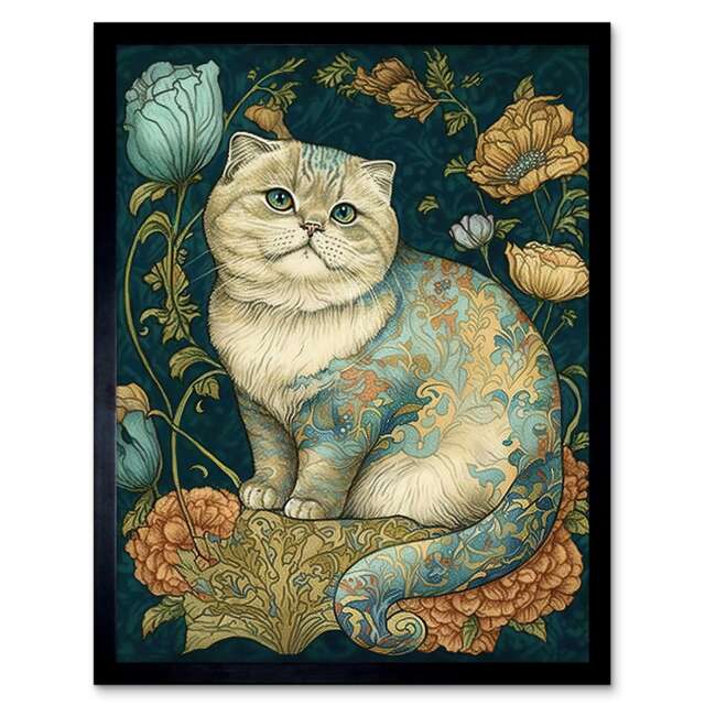 William Morris Cat Floral Fur Flowers Colourful Modern Framed Wall Art Print