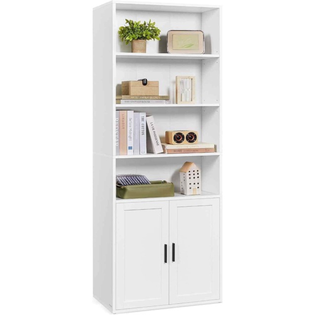 Tall Bookcase with Double Doors, 6 Tier Storage Shelving Unit for Living Room, Home Office or Dining Room, Cloud White