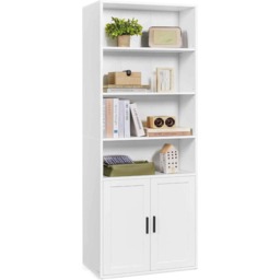 Tall Bookcase with Double Doors, 6 Tier Storage Shelving Unit for Living Room, Home Office or Dining Room, Cloud White