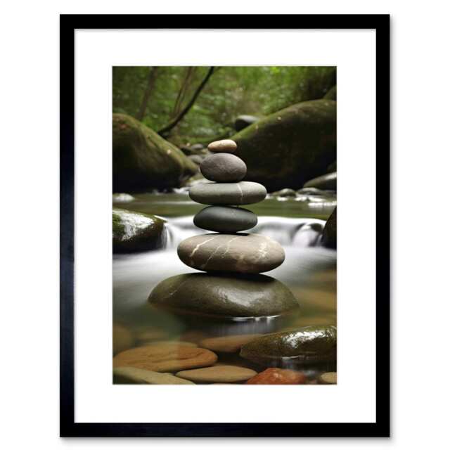 "Zen Massage Stone Waterfall River Nature 9x7"" Black Framed Wall Art Print"