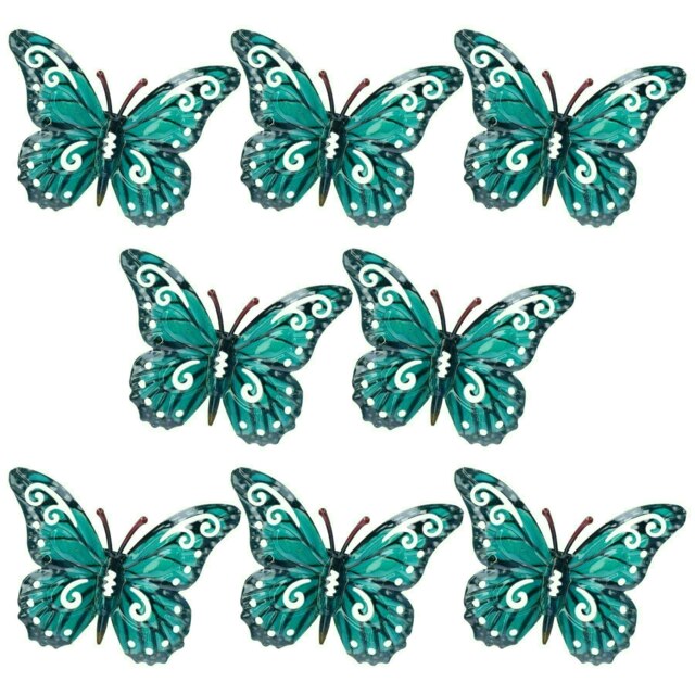Set of 8 Blue Small Metal Butterflies Garden/Home Wall Art Ornament