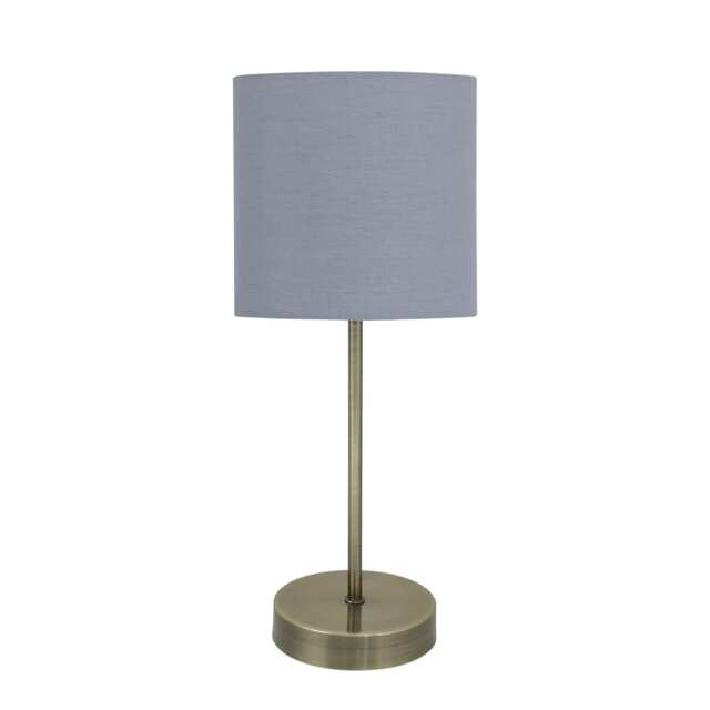 Antique Brass Stick Table Lamp with Grey Cotton Shade