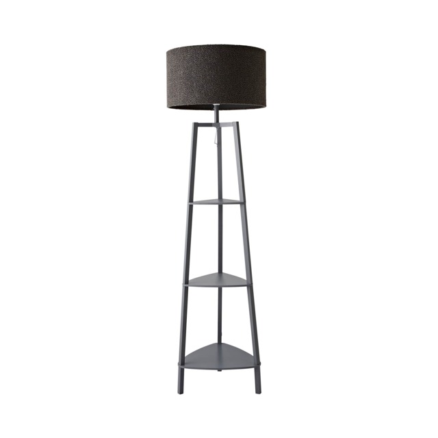 ValueLights Hiru Grey 3 Tier Shelf Floor Lamp Charcoal Boucle Shade Grey