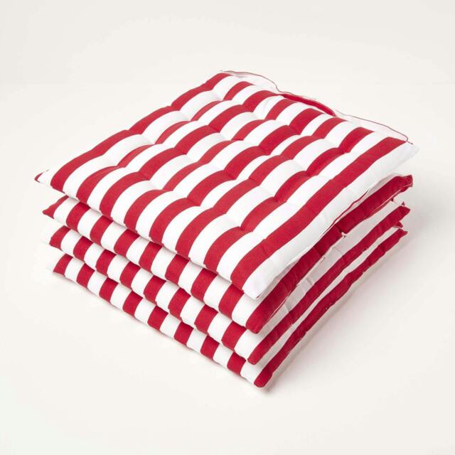 Homescapes 4 x Seat Pads Luxury Cotton Stripe Indoor Outdoor Garden Dining Cushion Red 40 x 40 cm 4