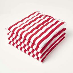 Homescapes 4 x Seat Pads Luxury Cotton Stripe Indoor Outdoor Garden Dining Cushion Red 40 x 40 cm 4