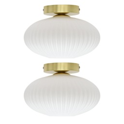 Set of 2 Baton - White Ribbed Oval Glass Satin Brass Ceiling Lights