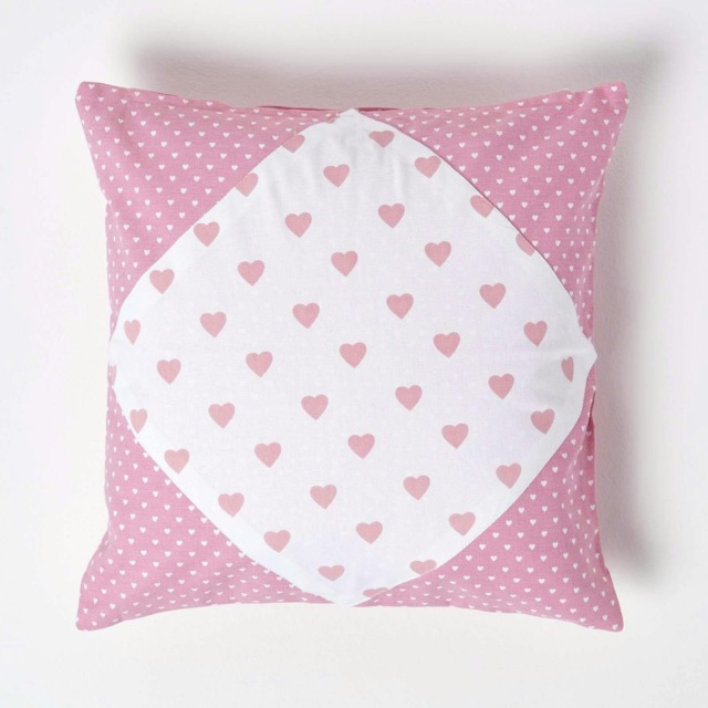 Homescapes Cotton Pink Hearts and Polka Dots Cushion Cover - 45 x 45 cm Pink Pink 45 x 45 cm