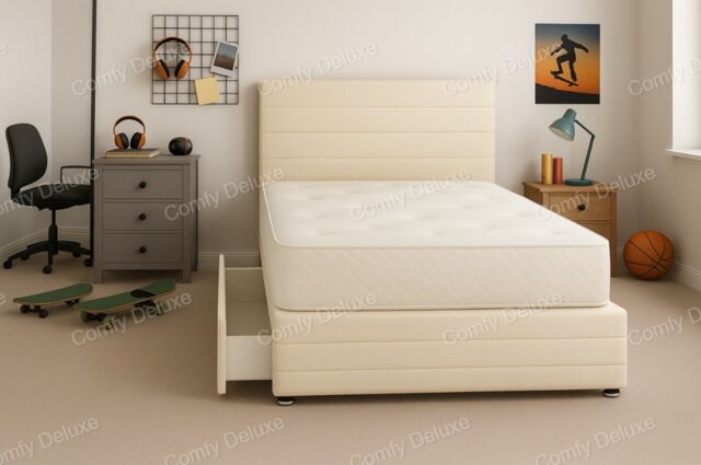Cream Jin Plush Lined 4ft Small Double Divan Bed Set Headboard & Footboard - 4 Drawers