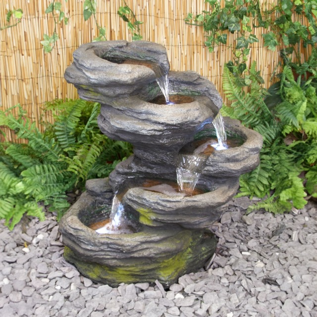 Stone Effect 5-Tier Cascading Garden Patio Outdoor Water Feature with LED Lights H56cm