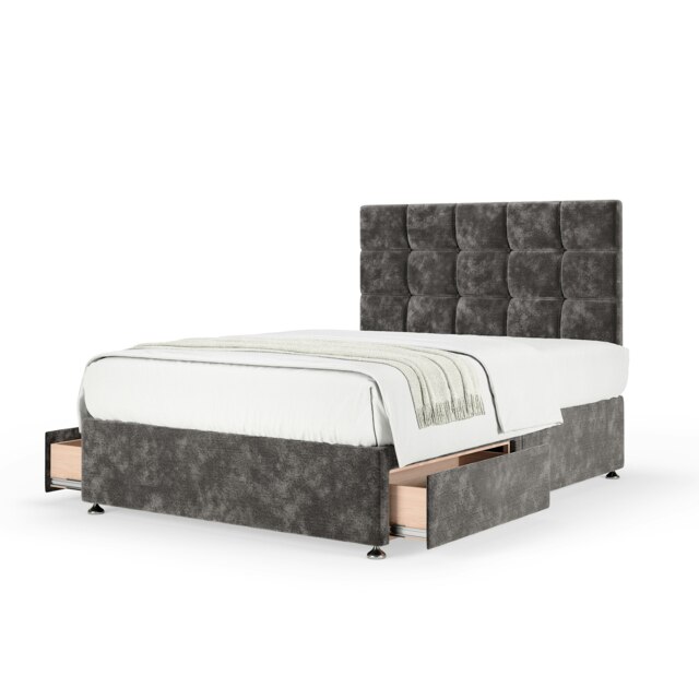 Signature Platinum 2000 Pocket Sprung Charcoal Chenille 2 Drawer Divan Set And Pearl Headboard Small Double