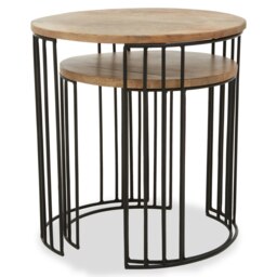 Interiors by Premier Set of 2 Mango Wood Side Tables, Cage Frame Metal Side Tables with Wooden Top, Contemporary End Table Set Cream