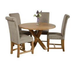 Oregon Round Oak Dining Table and 4 Washington Fabric Chairs Grey Grey 1