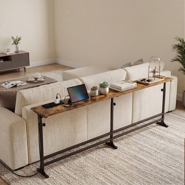 Levede Console Table Narrow Adjustable with Power Outlet for Hallway Brown