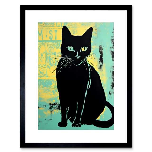 "Black Cat Colour Teal Blue Yellow Feline Vintage Ad Style 9x7"" Black Framed Wall Art Print"