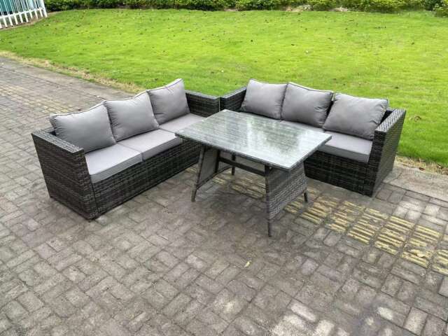 Fimous Wicker PE Rattan Garden Dining Set Outdoor Furniture Sofa with Patio Dining Table Dark Grey Mixed