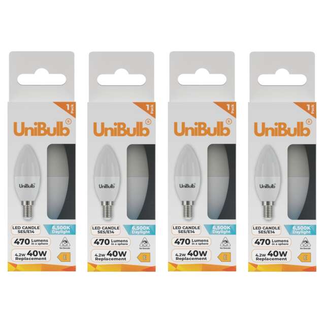 UniBulb LED Candle E14 Small Edison Screw (SES) 470lm 4.2W (Replaces 40W) 6500K (Daylight) Light Bulb - Pack of 4 White Daylight 4