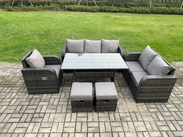 Fimous 8 Seater Rattan Garden Furniture Set with Patio Sofa Rectangular Dining Table 2 Small Footstools Indoor Conservatory Patio Set