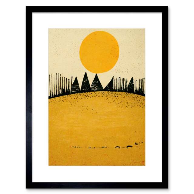 "Minimalist Tribal Abstract Desert Yellow Painting 9x7"" Black Framed Wall Art Print"