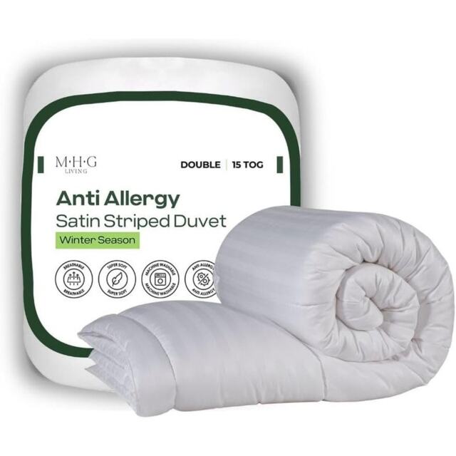 MHG Living 15 Tog Winter Striped Duvet Anti-Allergy Hypoallergenic Hollowfibre Quilt White Double