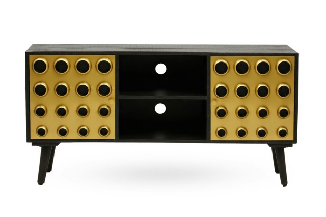Interiors by Premier Mango Wood Media Unit, Mid-Century Modern TV Stand with Gold Accents, Black Frame with Storage Shelves Gold