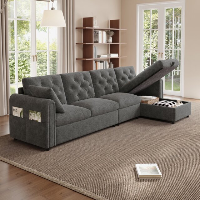 VILUXE 281cm 4-Seater L-Shaped Velvet Corner Sofa with Reversible Storage Chaise & Side Pockets, Grey