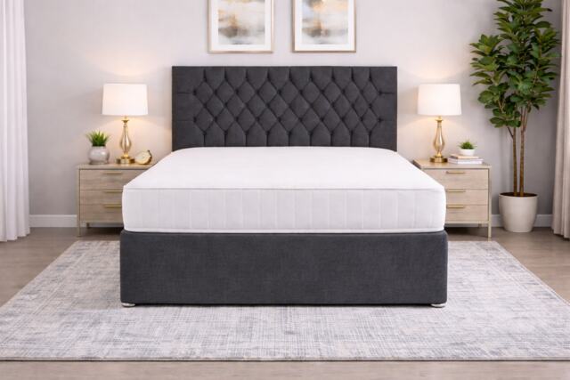 5FT Kingsize Shadow Grey Coniston Divan Bed Set with Headboard & Orthopedic Mattress 4 Drawers