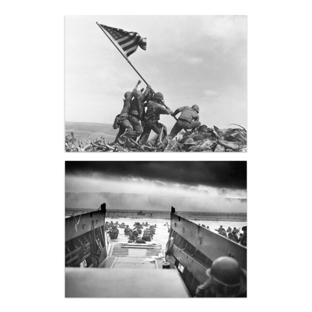 Set Of 2 Normandy D-Day Landings Soldiers Raising Flag Jaws Of Death War USA Wall Art Prints Iconic Photo 12X16 Inch