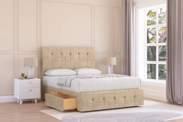 "Sloomy Cambridge Almond Coniston Divan Bed With Mattress 4 Drawers With 54"" Floor Standing Headboard & 12"" Matching Footboard 4' Small Double Cream Almond Small Double 1"
