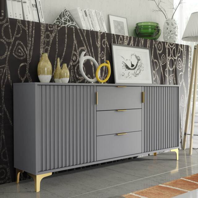 Sideboard Cabinet TV Unit Storage Cabinet Chest of Drawers Grey Fluted Doors 140cm