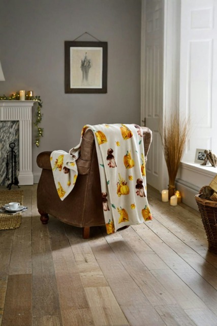 Pumpkin Party Throw – Natural Fleece Blanket with Harvest Pumpkin Print 140x180cm Multi Natural 1