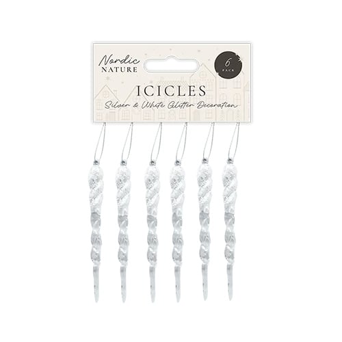 White Acrylic Glitter Icicle Christmas Hanging Decorations 12cm - Pack of 6