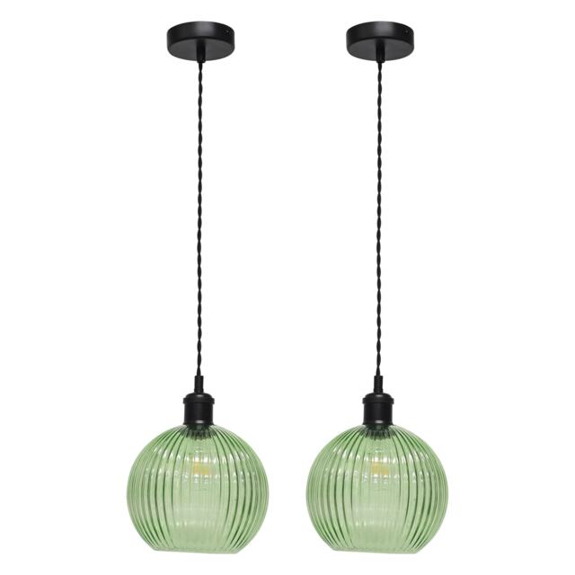 Set of 2 Betchley - Green Ribbed Glass Black Retro Pendant Fittings