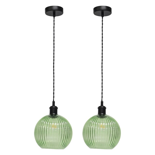 Set of 2 Betchley - Green Ribbed Glass Black Retro Pendant Fittings