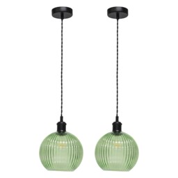 Set of 2 Betchley - Green Ribbed Glass Black Retro Pendant Fittings