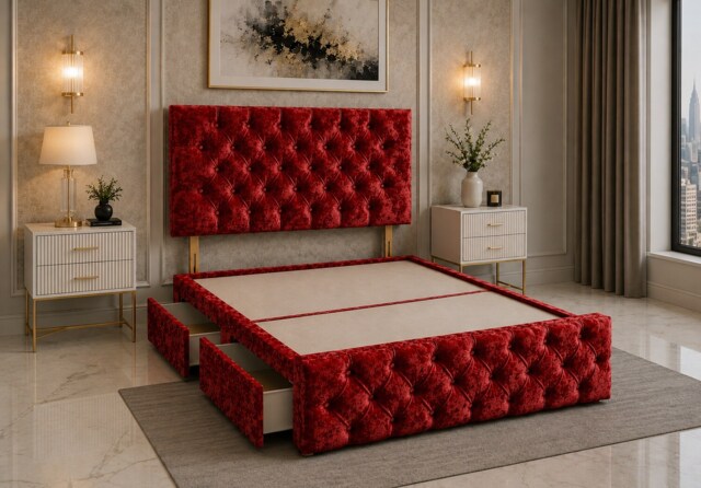 Divan Bed with Upholstered Headboard & Footboard Base 4FT Small Double Red Crush 4 Drawers