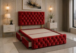 Divan Bed with Upholstered Headboard & Footboard Base 4FT Small Double Red Crush 4 Drawers