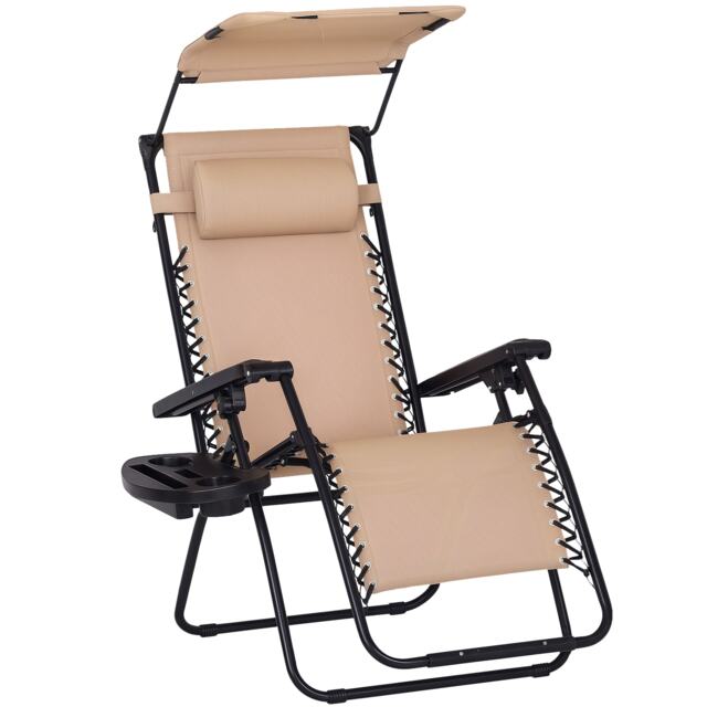 Outsunny Zero Gravity Chair Adjustable Patio Lounge w/ Cup Holder Beige White Beige