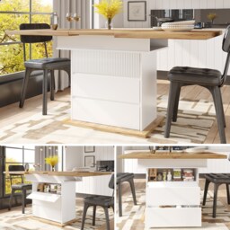 VILUXE 110-140 cm Extendable Dining Table with Hidden Storage, Magnetic Soft-Close Door and Double-Sided Extension, White