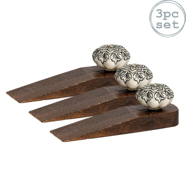 Nicola Spring Wooden Door Stops - Black Flower - Pack of 3