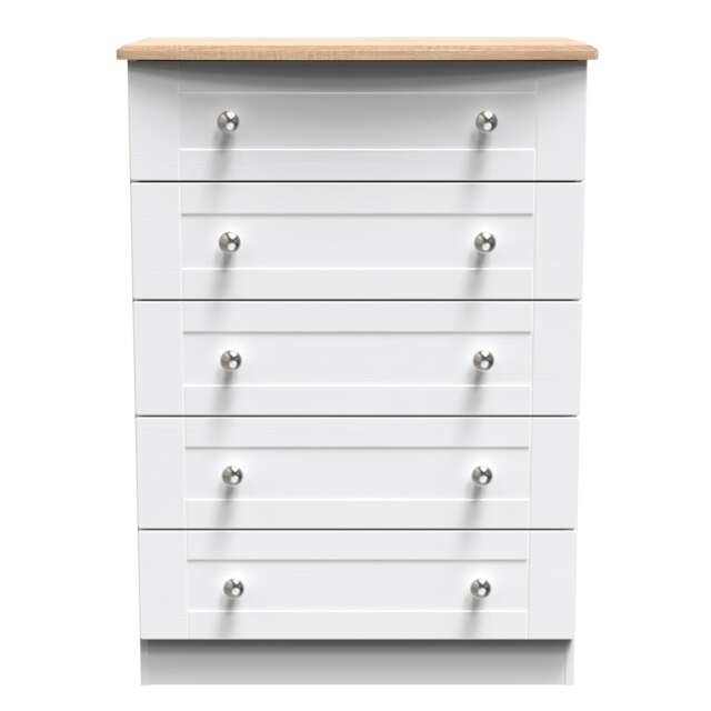 Cumbria 5 Drawer Chest of Drawers in White Ash & Bardolino Oak (Ready Assembled) White White Ash & Bardolino Oak