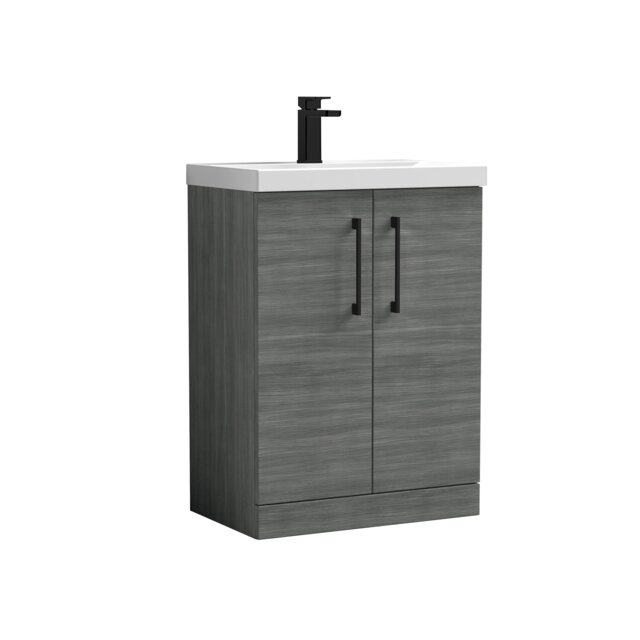 Balterley Level Contemporary Bathroom Floor Standing 2-Door Vanity Unit & Mid-Edge Basin, with Square D Handle Grey 840 x 610 x 390mm