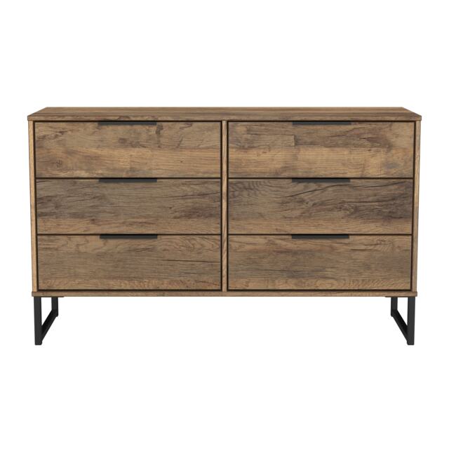 Beijing 6 Drawer Wide Chest of Drawers in Vintage Oak (Ready Assembled) Brown Vintage Oak