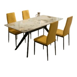 San Diego Marble Dining Table with Emily Leather Chairs - Mustard