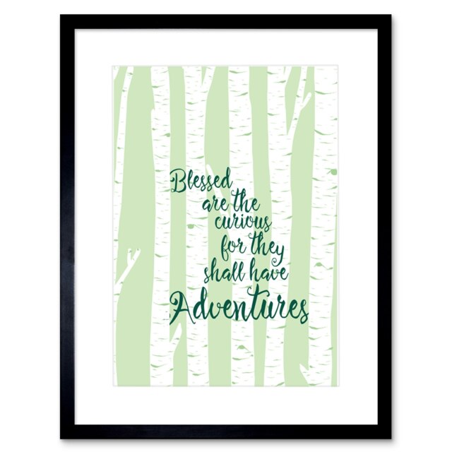 "Blessed Curious Adventures Quote Green Birch Trees 9x7"" Black Framed Wall Art Print"