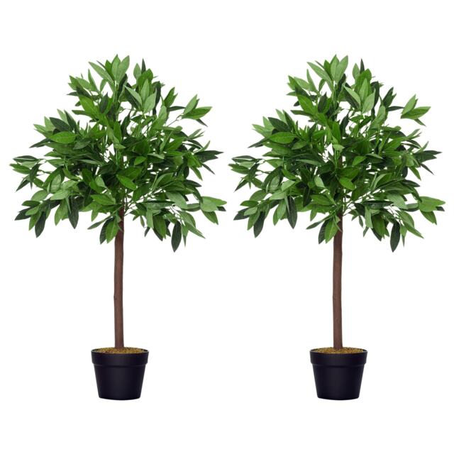 Outsunny Artificial Bay Laurel Topiary Trees w Pot Fake, Set Of 2 90cm3FT Indoor Greenery Plant Home Office Garden Decor Green