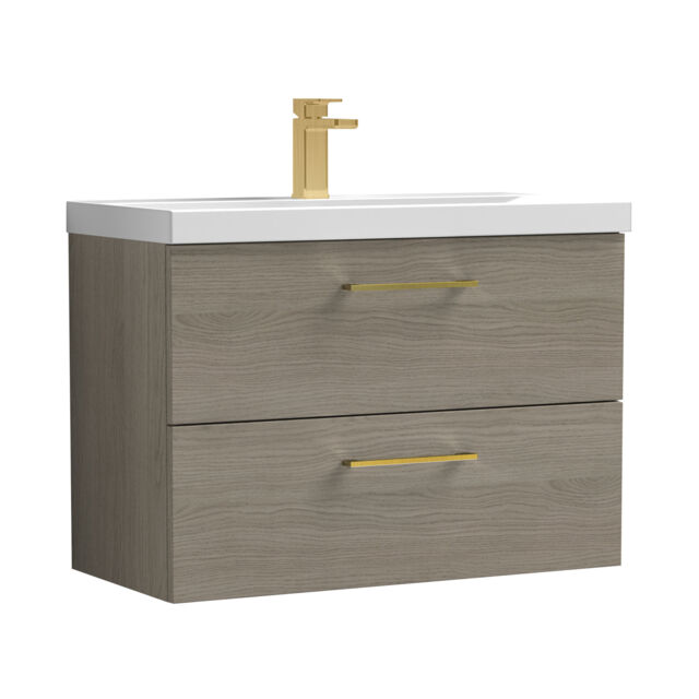 Balterley Wall Hung Bathroom 2 Drawer Vanity Unit and 1 Tap Hole Ceramic Basin, Woodgrain Mid Oak with Handles Brown